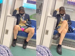 電車内でお股ゆるいポニーテールの青チェックJKを対面パンチラ盗撮【ヤバイやつ 女子高生】